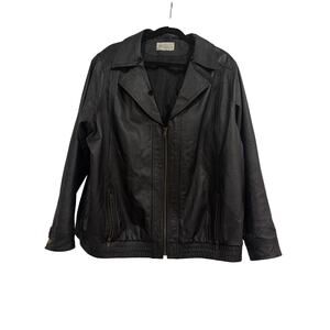 Men’s XXL Black Leather Moto Jacket, Via Accent, Zip Front, Snap Collar, Lined